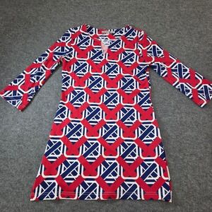 Barbara Gerwit Womens M Tunic  Top Red & Blue Geometric Link Print 3/4 Sleeve